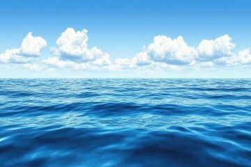 A serene expanse of ocean meets a vast, clear sky filled with fluffy clouds.