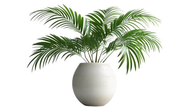 Tropical palm leaf in ceramic vase, minimal design, high-resolution and clean cut, PNG on white
