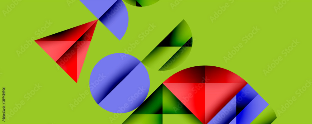 Poster Abstract composition featuring colorful geometric shapes. Circles, triangles overlap on vibrant green background. Modern design, playful aesthetic, simple forms dominate image.