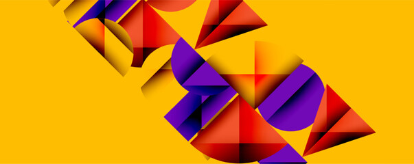 Obraz premium Abstract geometric composition. Overlapping shapes, vibrant colorsorange, purple, redcreate dynamic visual effect. Modern design, bold contrast, energetic feel.