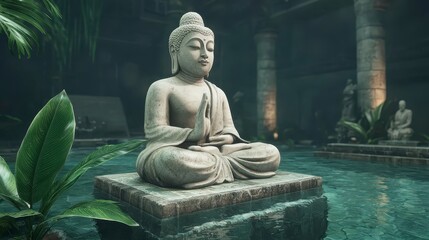 Serene Stone Buddha Statue in a Dark Moody Indoor Tropical Garden