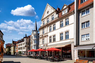 Historic market square with caf&eacute;s and ornate facades in the old town of Gotha, Thuringia