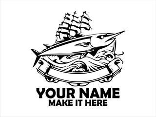 Detailed emblem featuring a frigate tuna fish, flanked by nautical and naval elements like wings, anchors, marine concept, tuna fish vector design and illustration tuna fish logo
