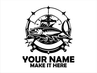 Detailed emblem featuring a frigate tuna fish, flanked by nautical and naval elements like wings, anchors, marine concept, tuna fish vector design and illustration tuna fish logo