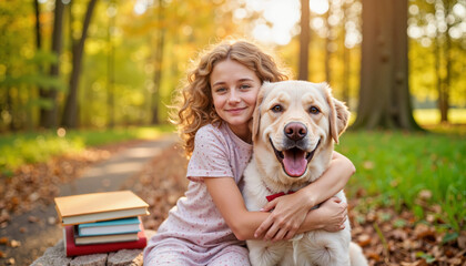 Girl hugging a Labrador dog on forest path, friendship and love