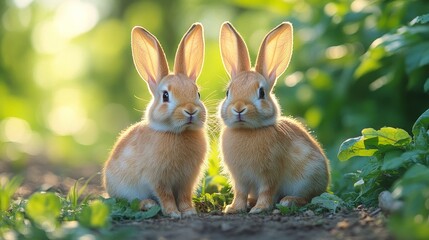 Obraz premium Two Rabbits Sitting on a Path - Peaceful Outdoor Setting with Green Grass and Natural Lighting