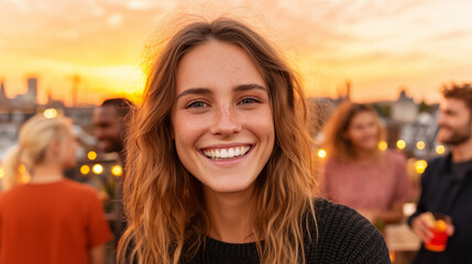 Smiling young Caucasian woman with freckles and wavy hair at rooftop party during golden sunset with diverse friends socializing in background for lifestyle, friendship or urban leisure themes