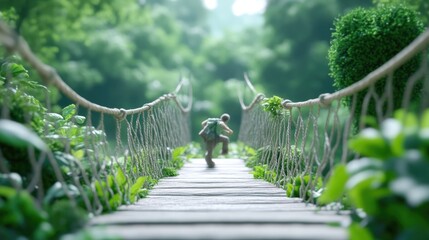 Miniature figure crossing a rope bridge in a lush jungle setting