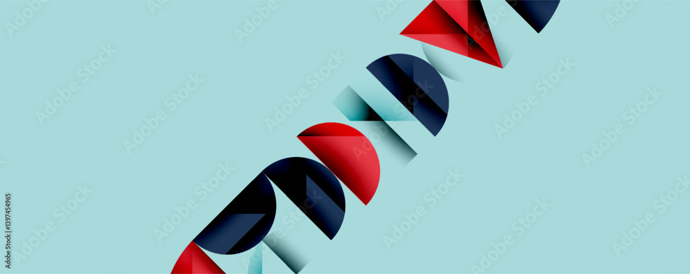 Poster abstract design features overlapping semicircles, red, navy, white colors. diagonal arrangement crea