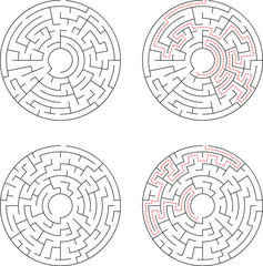 Circular Maze Puzzle Set With And Without Solution Shown In Red Dashed Line