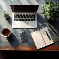 Flatlay of Modern Workspace Desk with Laptop and Coffee