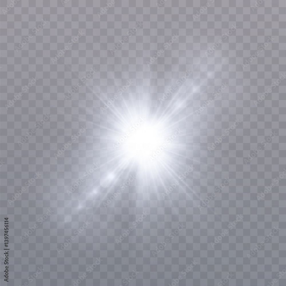 Poster realistic glowing explosion of bright shimmer on transparent background and soft white rays. perfect