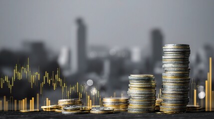 Stacked Coins Over Futuristic Cityscape with Financial Data Visualization