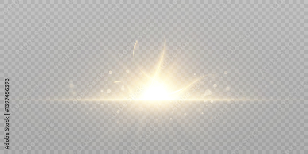 Poster radiant golden light flash with sparkling rays, particles, and glowing motion streaks on transparent