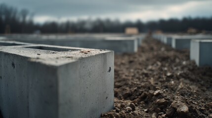 Concrete blocks rest on a rugged, disturbed terrain, hinting at forthcoming construction between earth and sky under a somber, overcast horizon.
