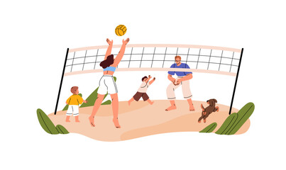 Family plays beach volleyball together. Happy parents and kids have fun with ball outdoors in summer. Mother, father and children do sports in nature. Flat isolated vector illustration on white.