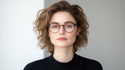 Obraz premium Young woman wearing eyeglasses, neutral expression, short curly hair