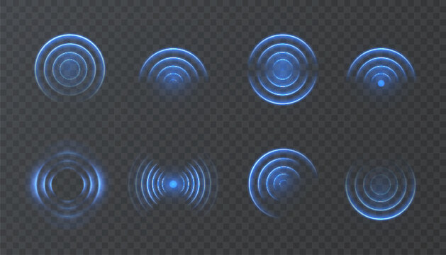 Set of glowing blue radar rings, sound waves and wireless signal elements on transparent background. Perfect for UI design, data transmission, audio systems, and futuristic HUD interfaces.