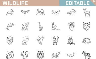 Collection Of Wildlife Animals Outline Icons Vector Illustration Editable Design