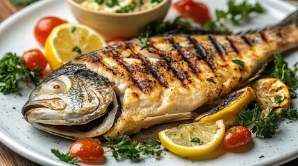 Grilled sea bream served with lemon wedges and cherry tomatoes on a white ceramic plate close up shot