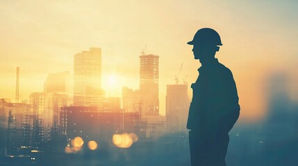 Fototapeta premium Industrial Worker Silhouette Against Urban Skyline at Sunset
