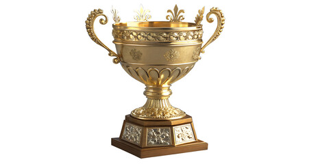 Fototapeta premium Golden Trophy of Accomplishment: A gleaming gold trophy, showcasing intricate details, stands as a symbol of achievement, embodying the pinnacle of success and reward.