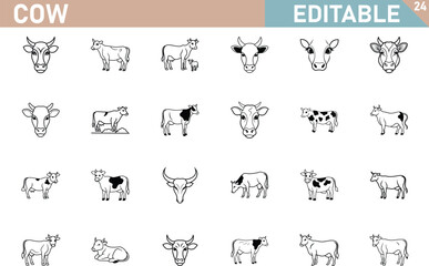 Cow Illustration Vector Set Black And White Line Art Collection Editable Farm Animals