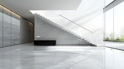 Obraz premium Modern marble lobby staircase, sunlight, city view