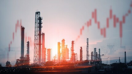 Obraz premium Double Exposure Art of Oil Refinery with Financial Graphics Overlay