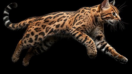 Fototapeta premium Spotted feline mid-leap, its elegant body against a stark, dark background