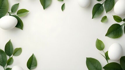 Obraz premium Clean white background with minimal eggs and green leaves for modern look.