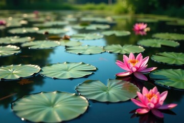 Water lilies forming a natural floral pattern across lake, surface, calm, colorful