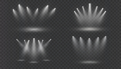 A bright white spotlight glow with glowing beams and haze on a transparent background. Ideal for stage lighting, concert visuals, light overlays or elegant presentation accents.