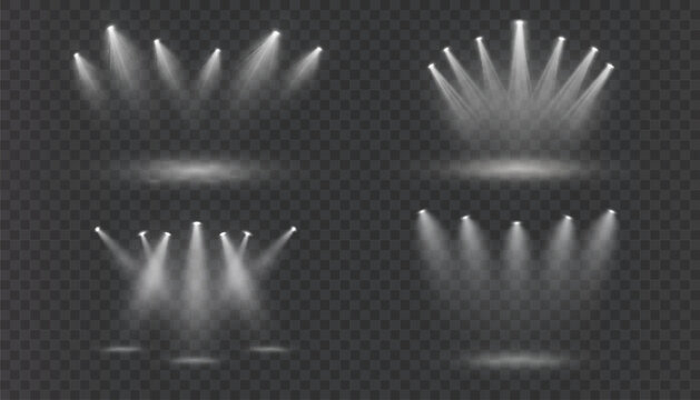 A bright white spotlight glow with glowing beams and haze on a transparent background. Ideal for stage lighting, concert visuals, light overlays or elegant presentation accents.