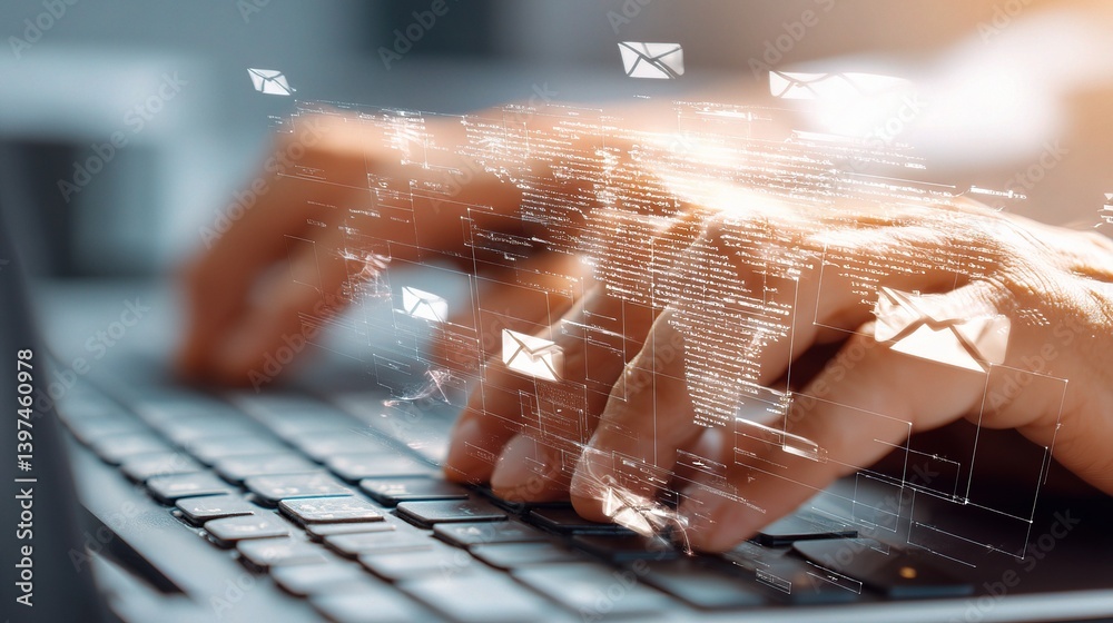 Poster hands typing on keyboard with email icons overlay in modern setting