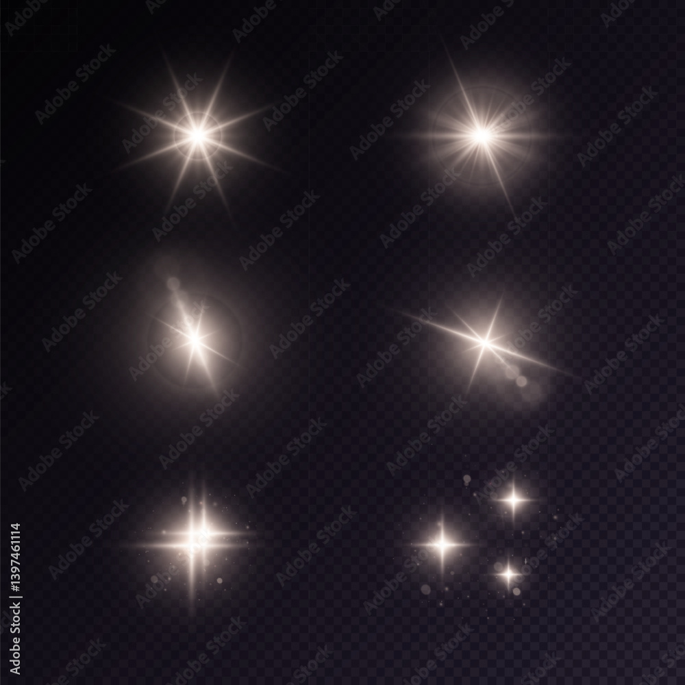 Poster set of glowing star light flares with soft shine and lens blur on dark transparent background. great