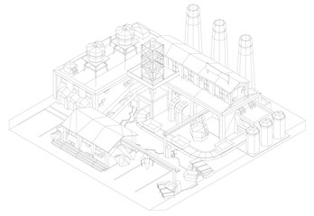 A detailed vector wireframe illustration of an industrial facility, showcasing intricate geometric lines that highlight its complex structure, including smokestacks, machinery, and architectural detai