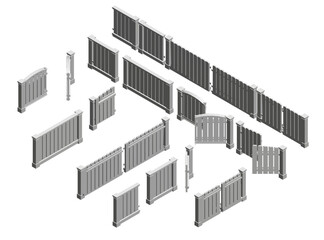 A series of different types of fences are shown in various sizes and shapes. The fences are made of wood and metal, and they are arranged in a way that creates a sense of depth and dimension