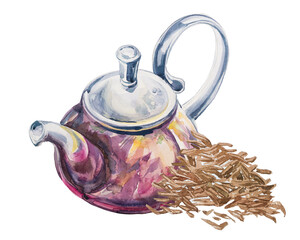 Teapot  with tea leaves design. Watercolor kettle illustration. Retro kitchenware clipart.