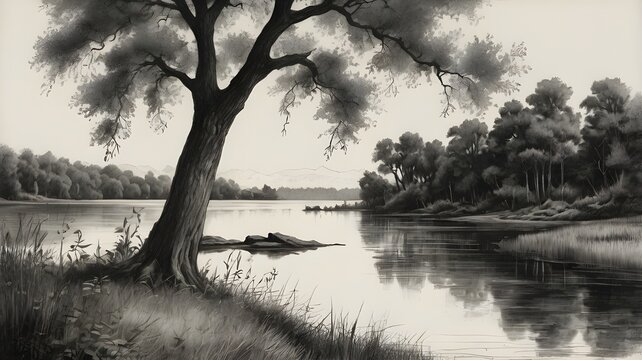 Antique charcoal drawing of a peaceful forest riverbend under a cloudy sky, with tall pine trees leaning over the water,Generative Ai
