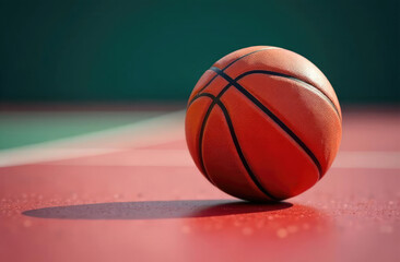 Obraz premium Basketball ball on the ground. Close-up ball on the red court. Basketball on the street or indoor court. Sports gear without people. Minimalism. Template, sport background