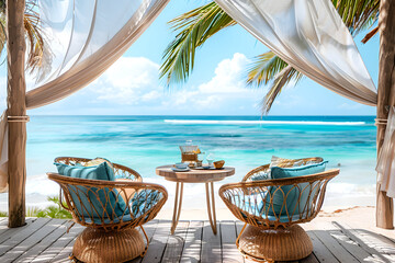 Breezy Beachside Breakfast Nook with Flowing Drapes and Ocean View
