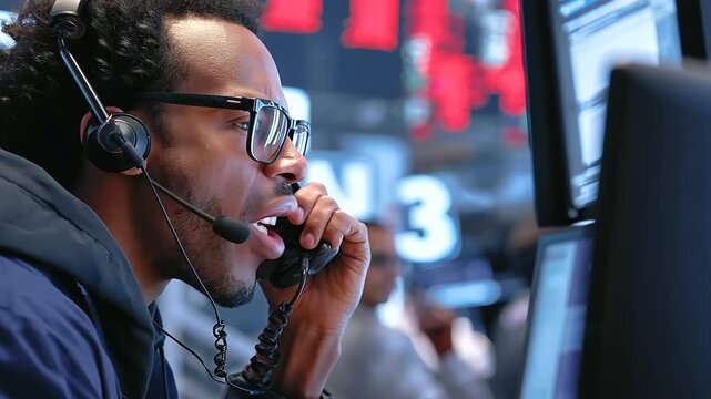Trader shouting on a chaotic trading floor during financial meltdown