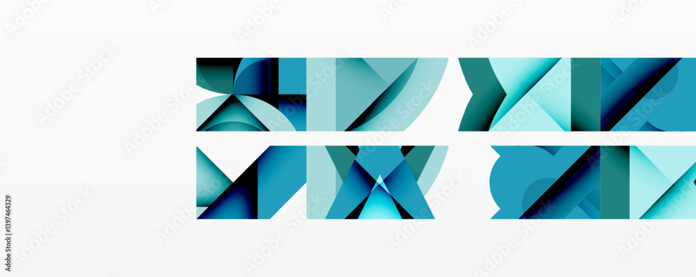 Poster abstract geometric shapes, varying shades blue, teal. pattern repeats horizontally, creating modern 