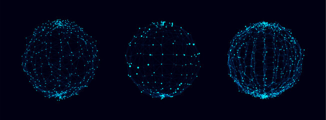 Vector futuristic set blue sphere of particles and lines. Network connection big data. Abstract technology background.