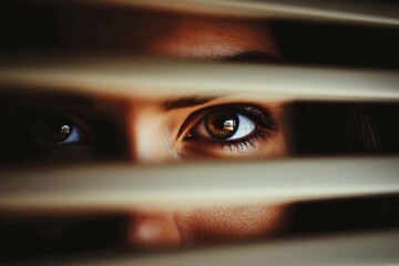 Intense close-up portrait of a person with wide-open eyes peeking through wooden window blinds, creating depth and focus