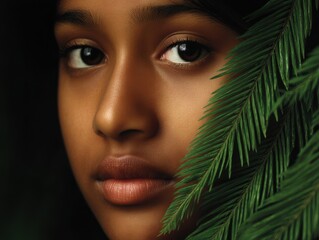 Portrait of young woman partially hidden behind tropical green leaf under soft lighting with strong contrast capturing youth mystery and nature beauty