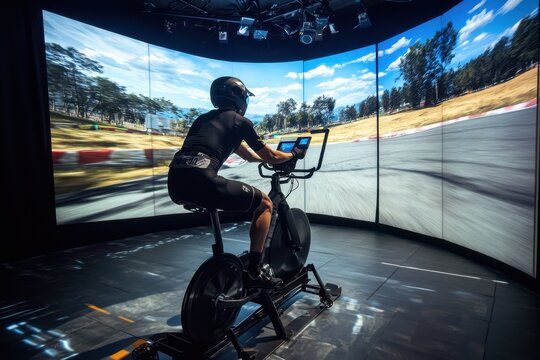 Cyclist engages in immersive training with virtual reality backdrop in modern facility