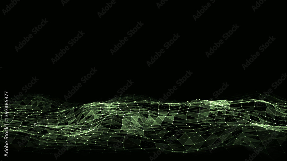 Poster abstract technology wave of particles. big data visualization. vector dark background with motion do
