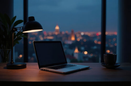 Home office room with laptop computer and copy space on working desk over blurred outdoor view at night
